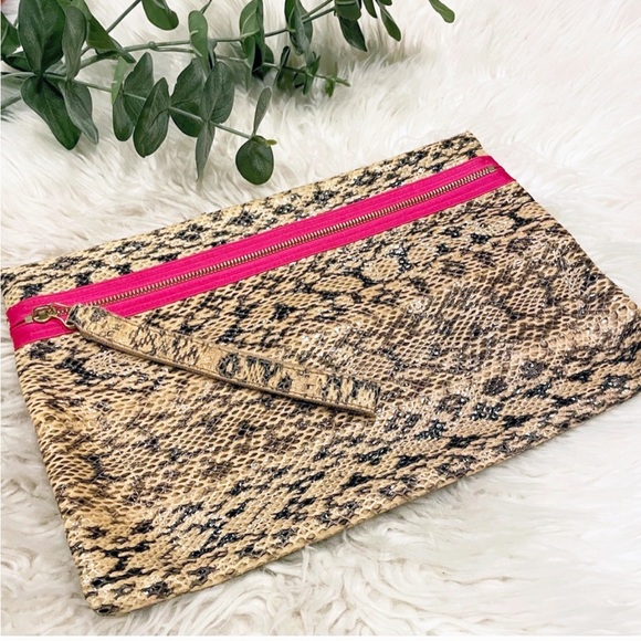 Lanvin Handbags - Authentic Lanvin Snakeskin & Hot Barbie Pink Large Zip Clutch Bag / Wristlet